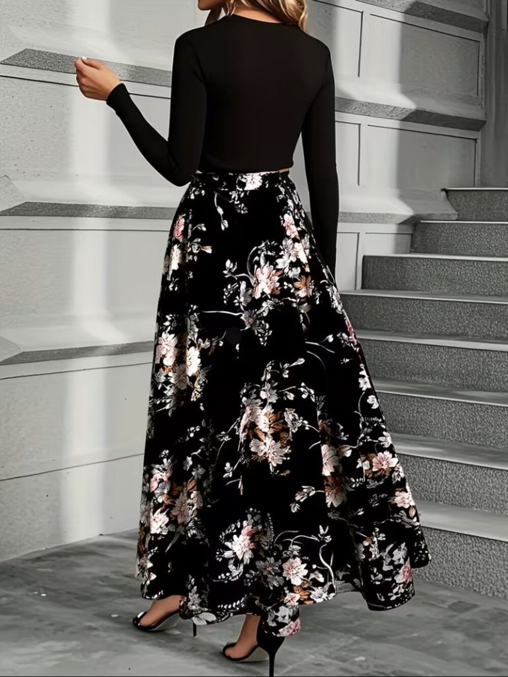 Floral Maxi Dress Women Long Sleeve A-Line Boho Modest Party Evening Dress - Picture 2 of 4